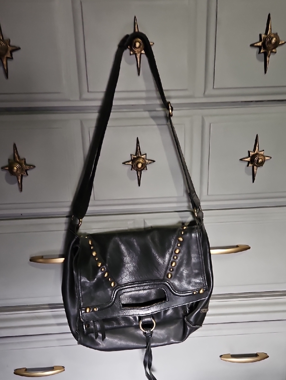 Lucky Brand Black Studded Leather Shoulder Bag with Gold Hardware